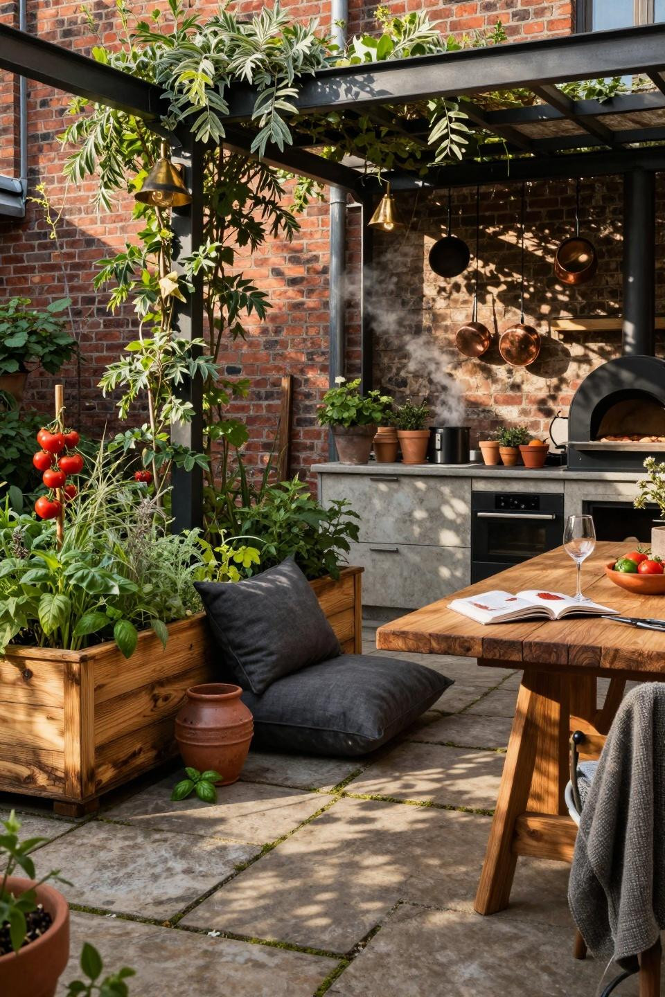 Bloxburg backyard ideas - garden courtyard with live-edge dining table