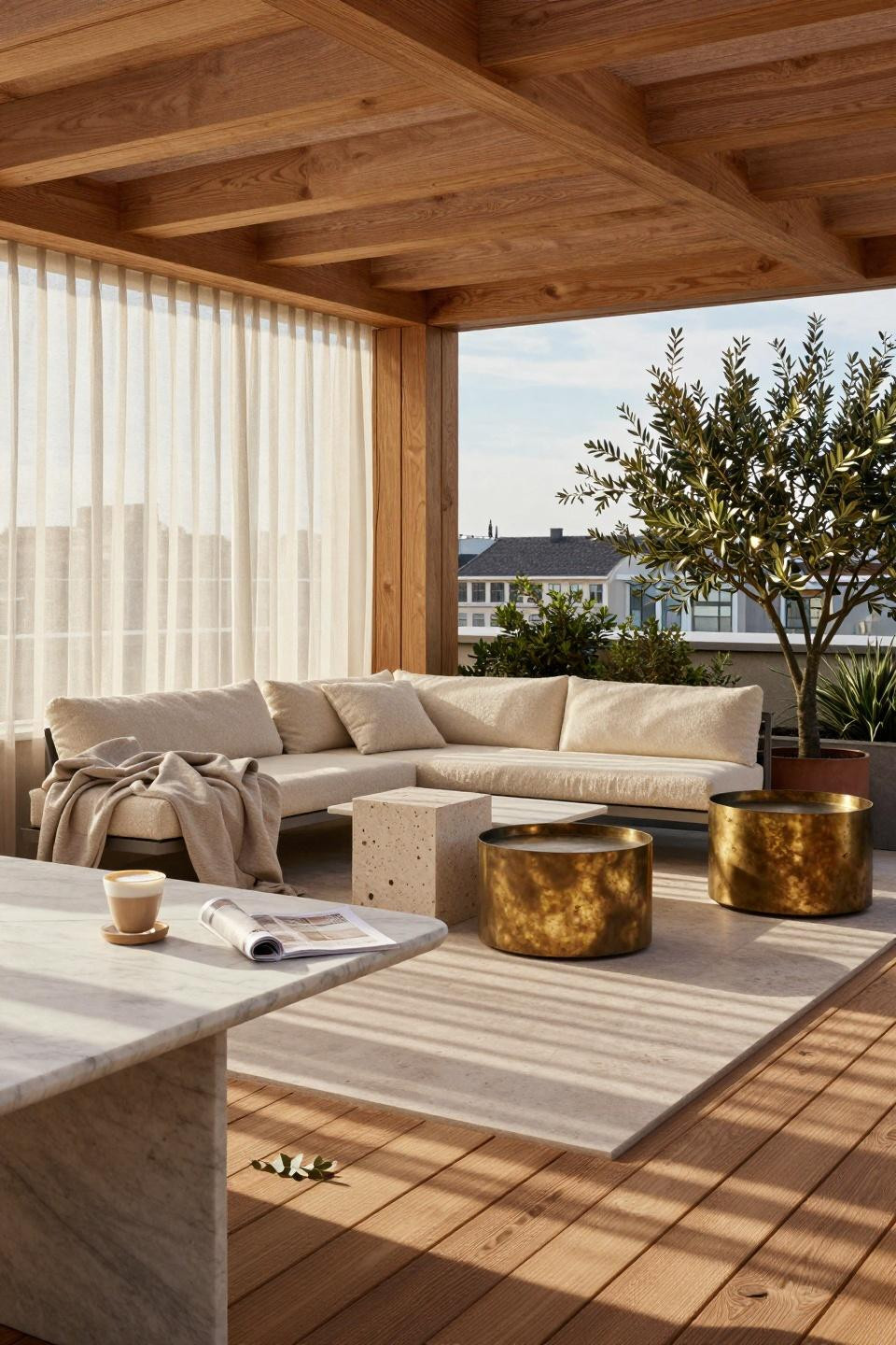 Bloxburg backyard ideas - modern patio with linear teak slats