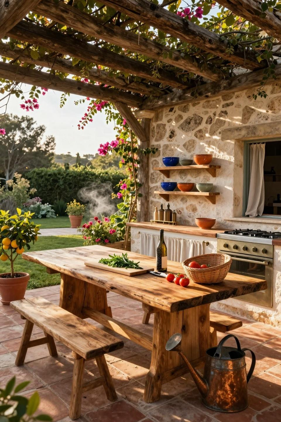 Bloxburg backyard ideas - farmhouse outdoor kitchen with timber table