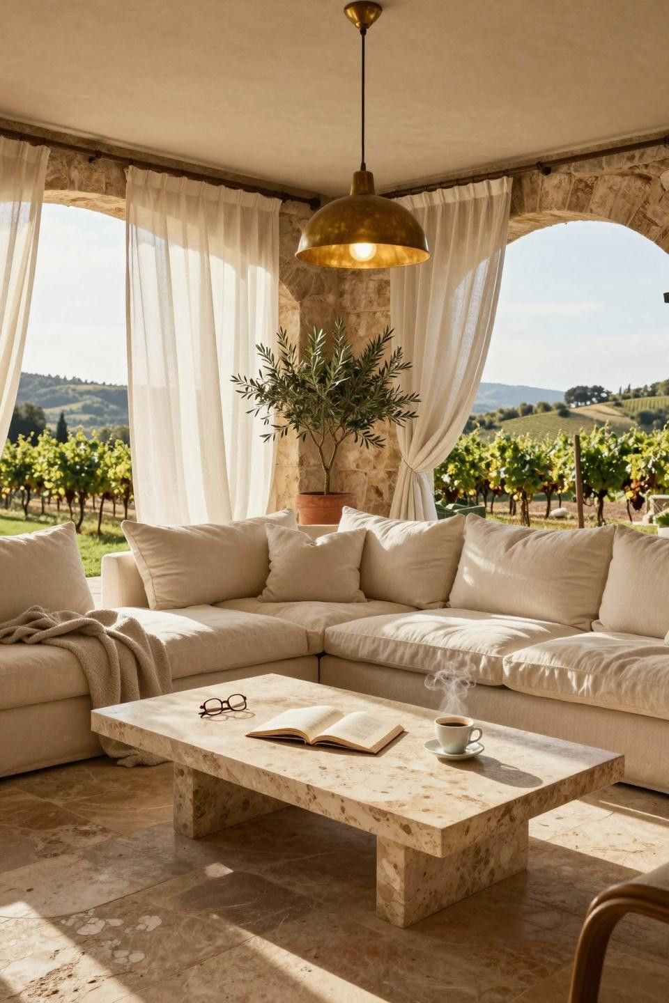 Bloxburg backyard ideas - terrace with stone archway and linen sectional