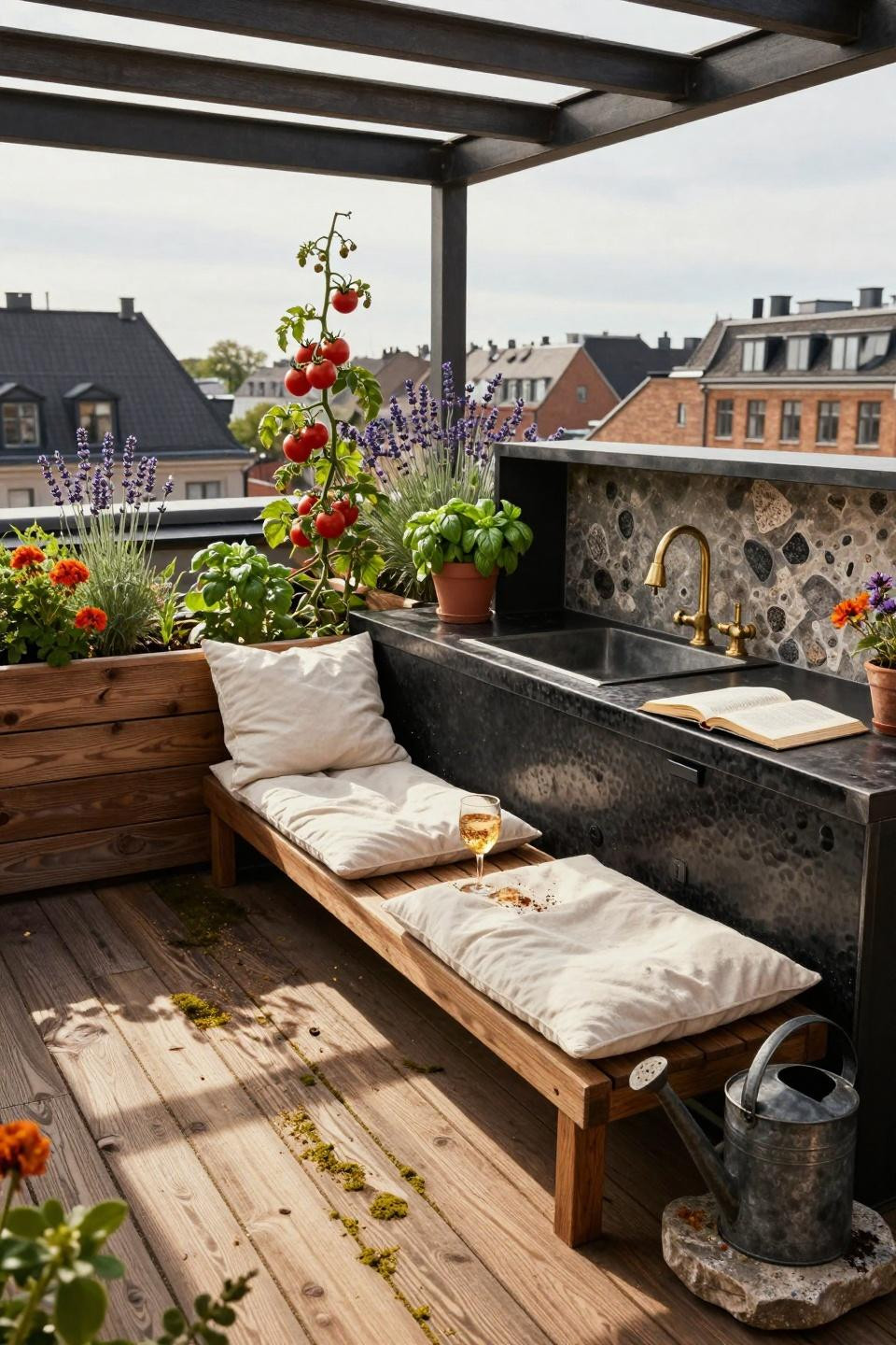 Bloxburg backyard ideas - rooftop garden with wooden decking and planters