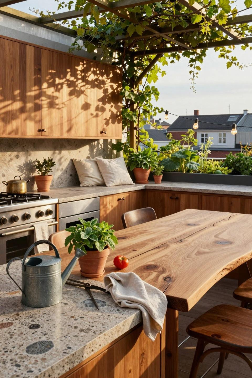 Bloxburg backyard ideas - rooftop garden with outdoor kitchen and dining table