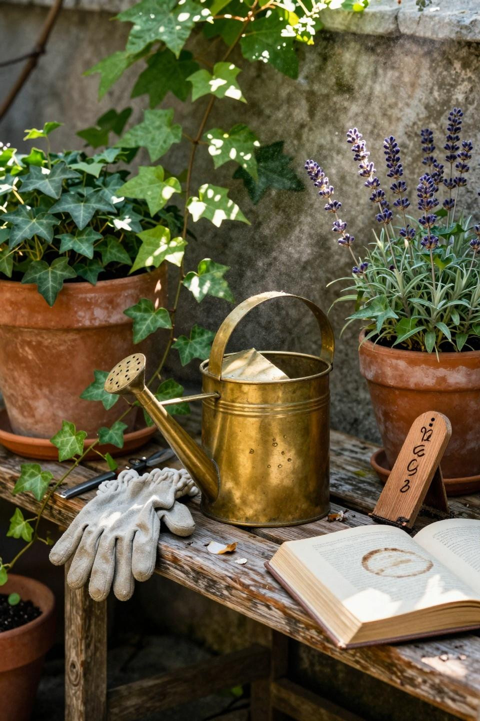 Bloxburg backyard ideas - close up garden detail with brass watering can
