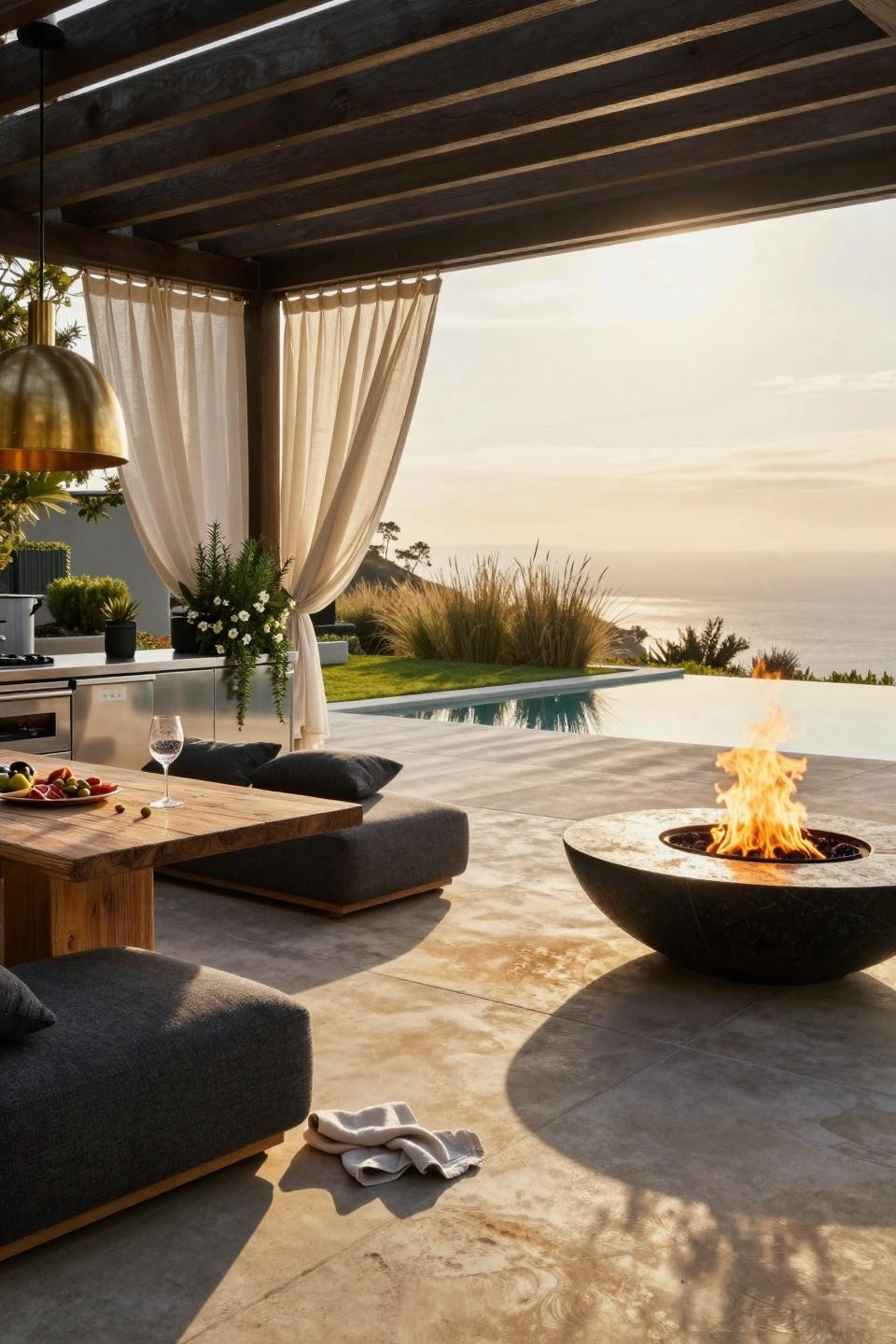 Bloxburg backyard ideas - modern patio with fire pit and modular seating