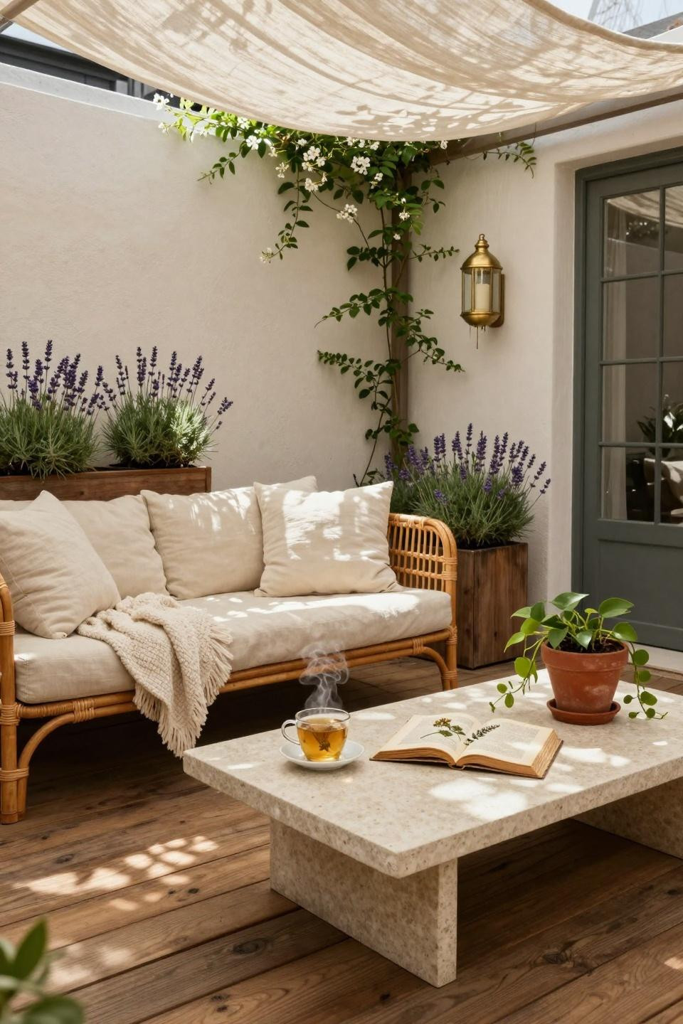 Bloxburg backyard ideas - patio with vintage rattan and linen cushions