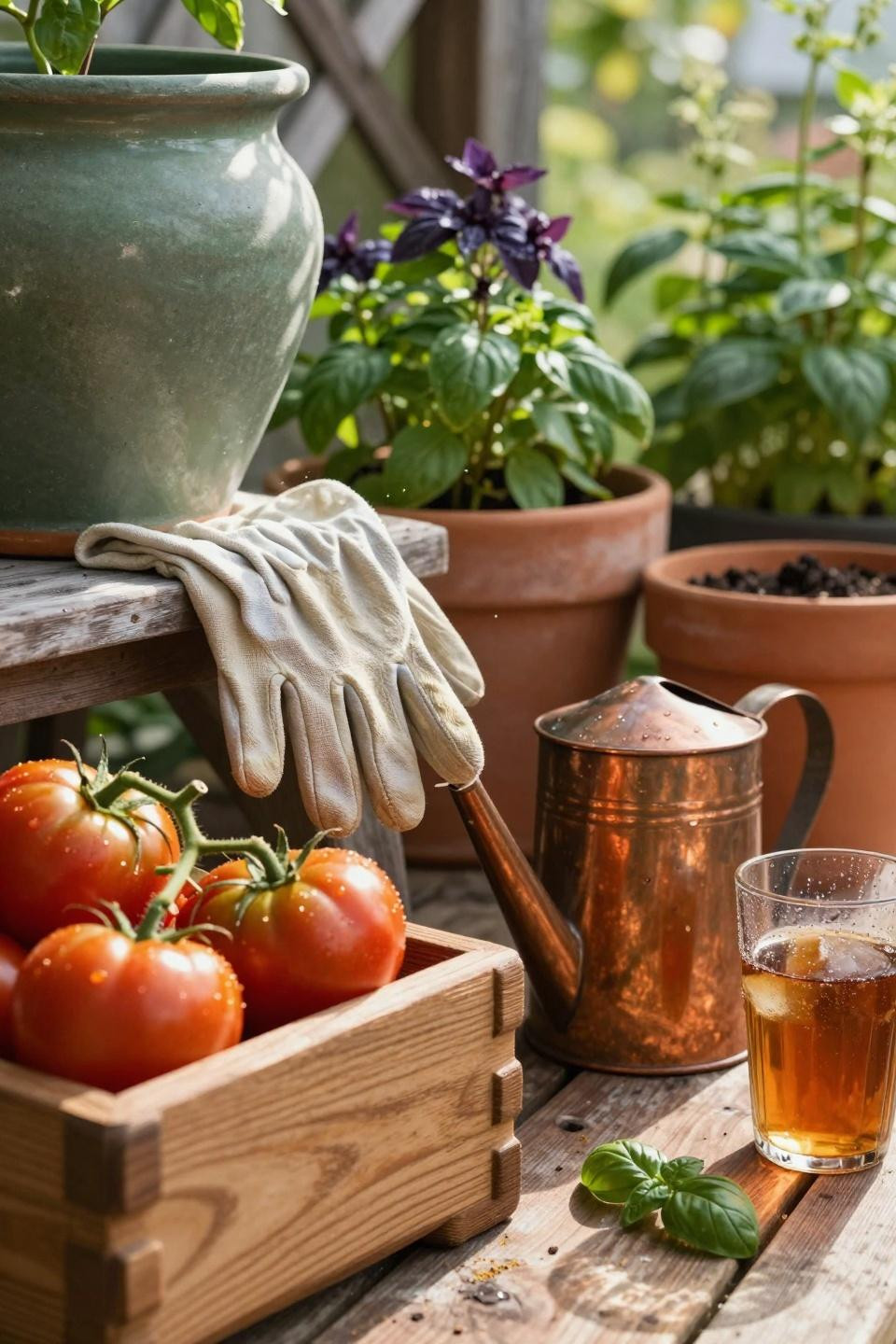 Bloxburg backyard ideas - garden detail with ceramic planter and copper watering can