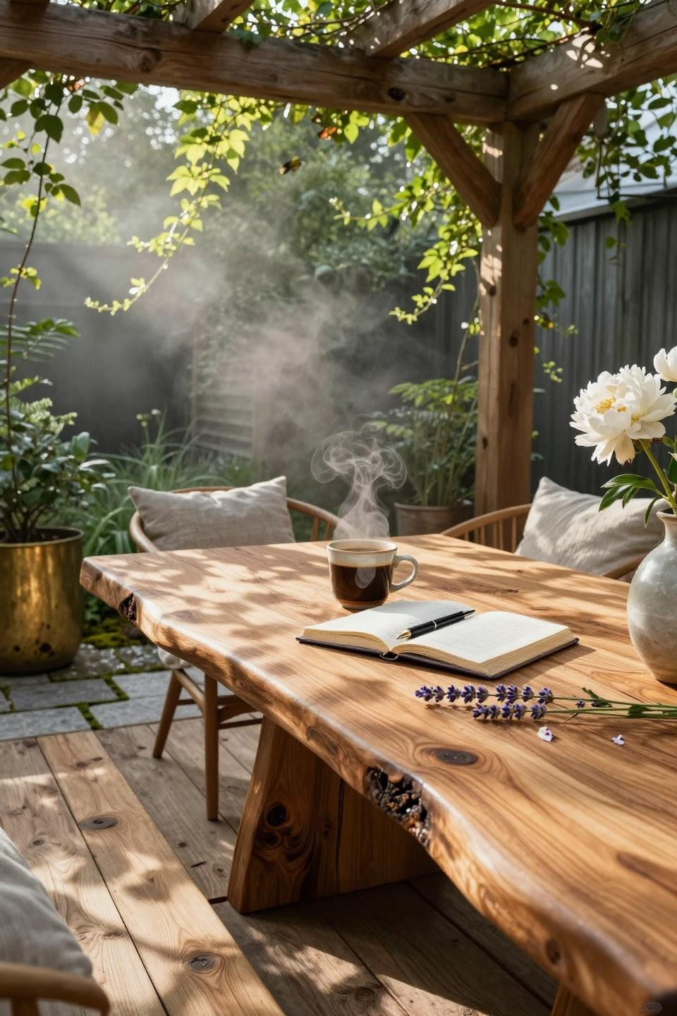 Bloxburg backyard ideas - outdoor pavilion with live-edge walnut table