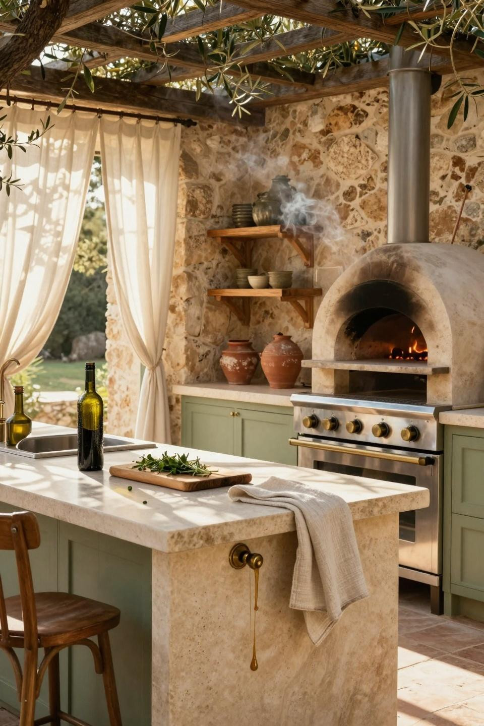 Bloxburg backyard ideas - stone outdoor kitchen with glowing pizza oven