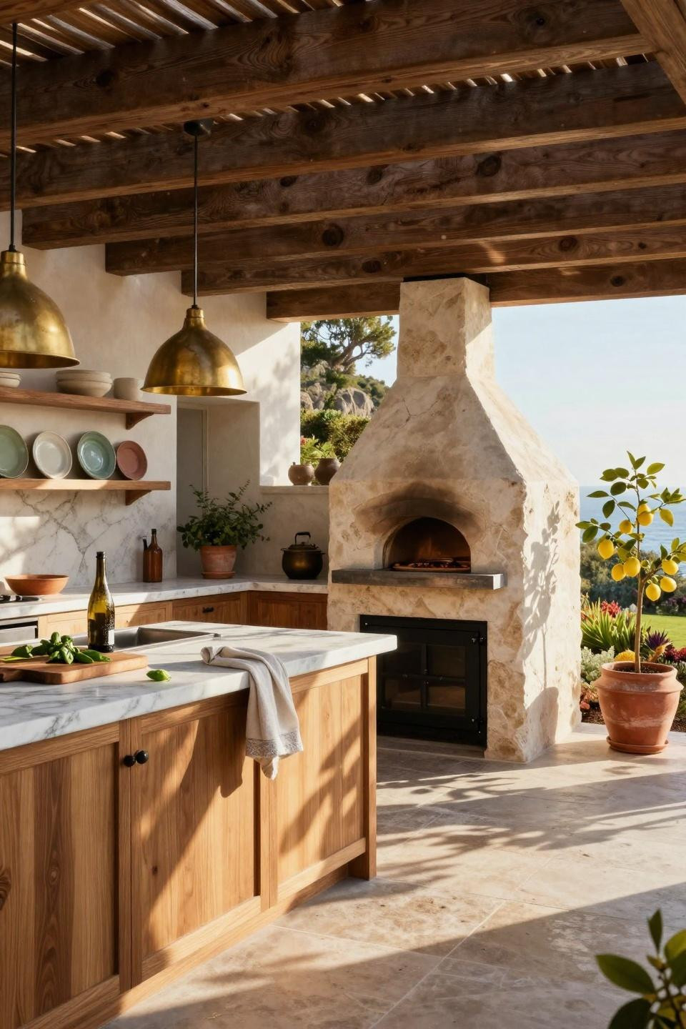 Bloxburg backyard ideas - cliffside outdoor kitchen with pizza oven