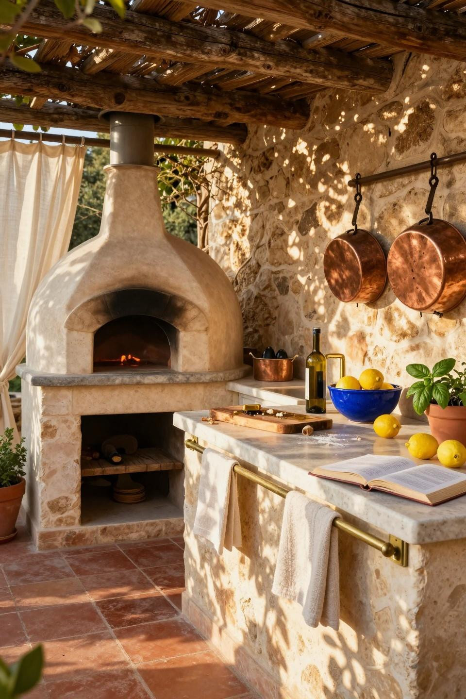 Bloxburg backyard ideas - farmhouse outdoor kitchen with copper cookware