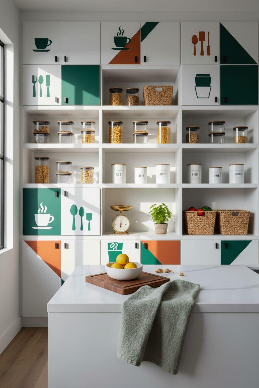 Bloxburg Pantry Ideas - bold emerald and terracotta kitchen decals