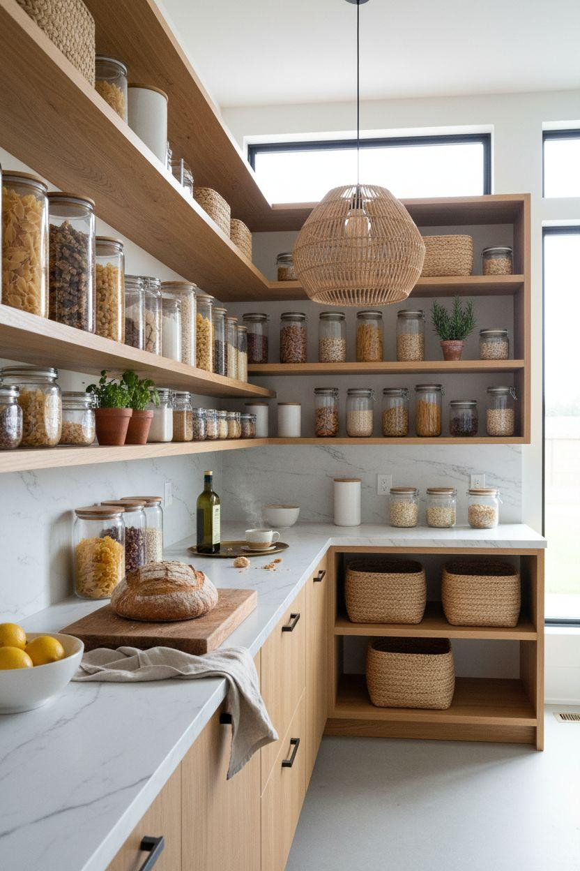 Bloxburg Pantry Ideas - minimalist open shelving with marble counter