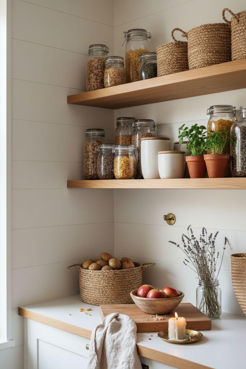 Bloxburg Pantry Ideas - Scandinavian corner with honey oak shelves