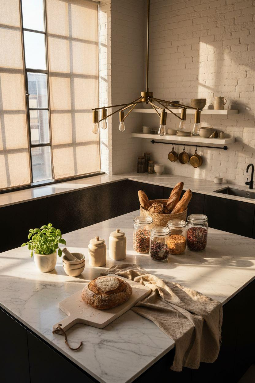 Bloxburg Pantry Ideas - luxury island setup with brass fixtures