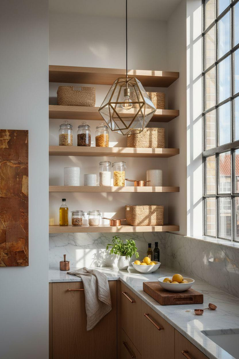 Bloxburg Pantry Ideas - geometric brass pendant with unlacquered copper