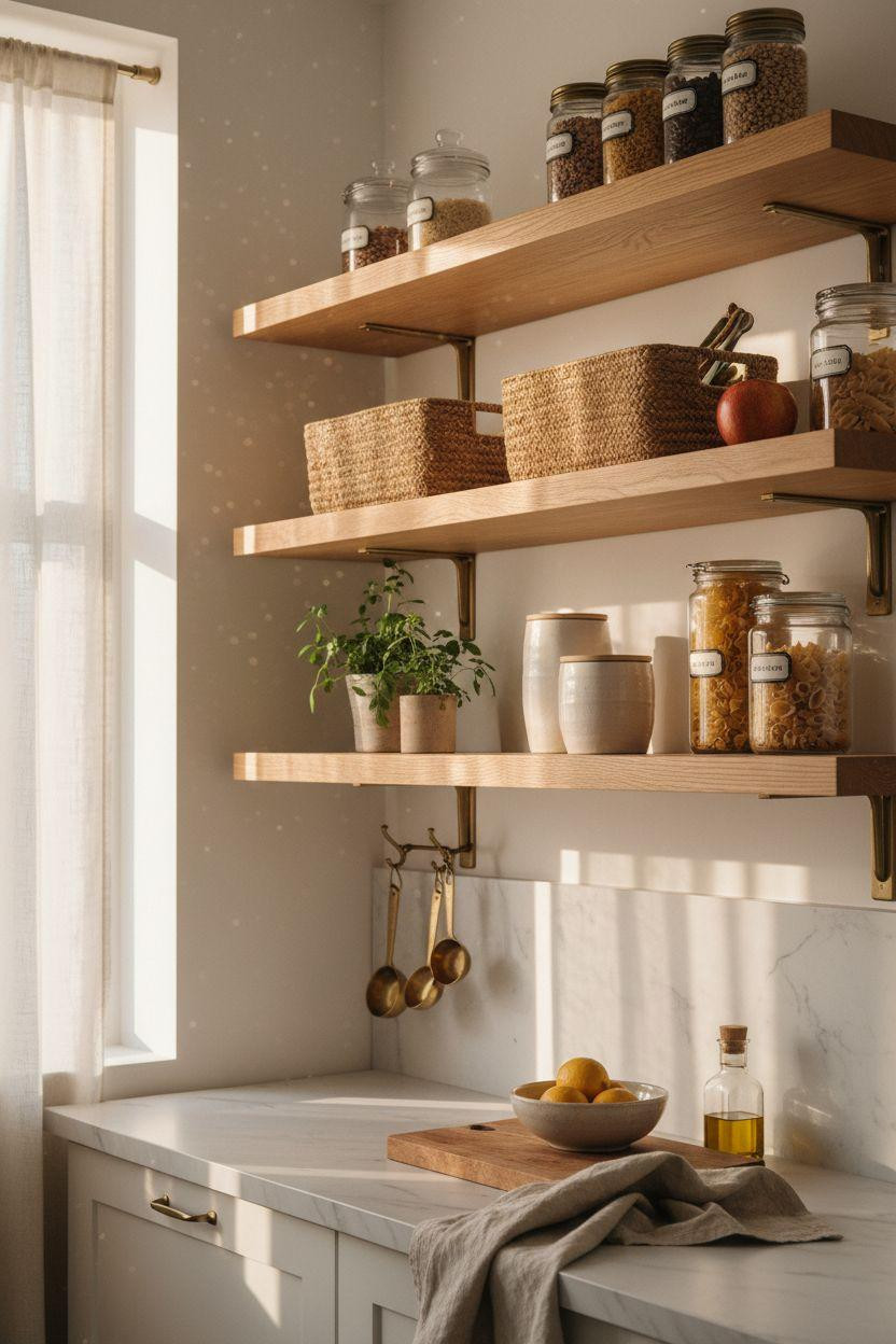 Bloxburg Pantry Ideas - honey oak shelves with white marble prep counter