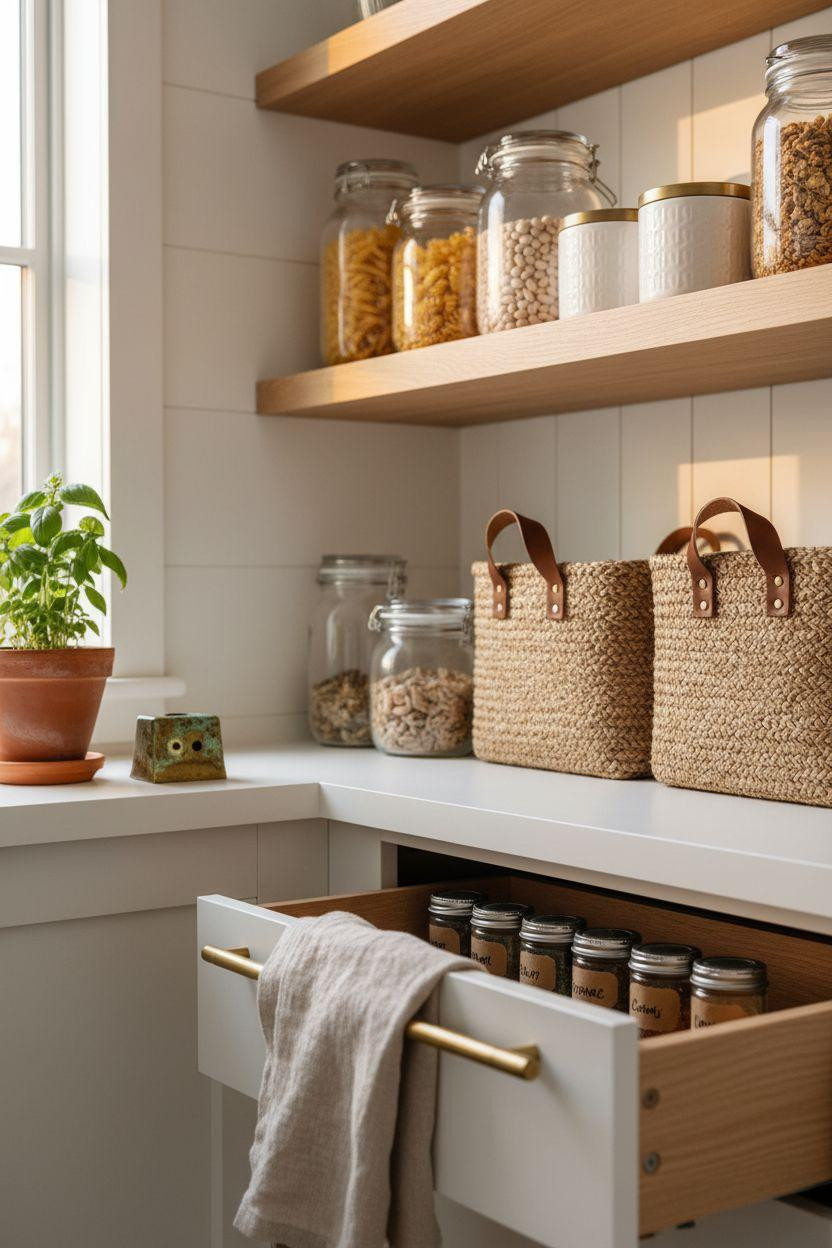 Bloxburg Pantry Ideas - close-up luxury pantry vignette with brass details