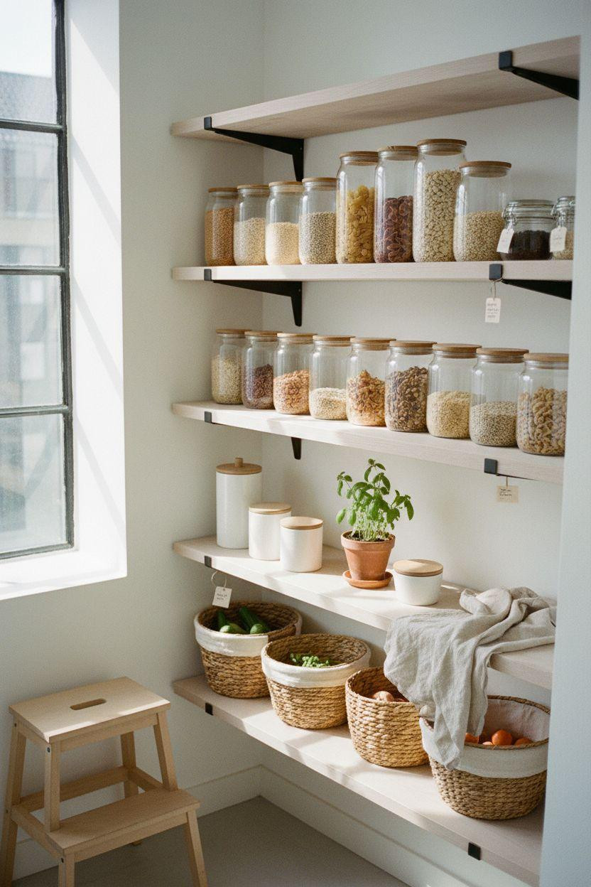 Bloxburg Pantry Ideas - overhead shot of organized shelving layout
