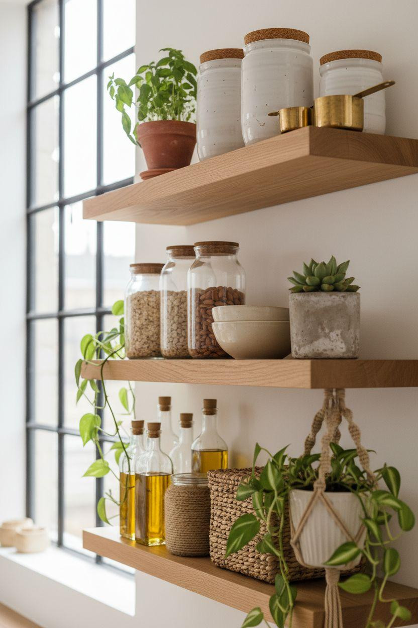 Bloxburg Pantry Ideas - close-up shelf styling with plants and ceramics