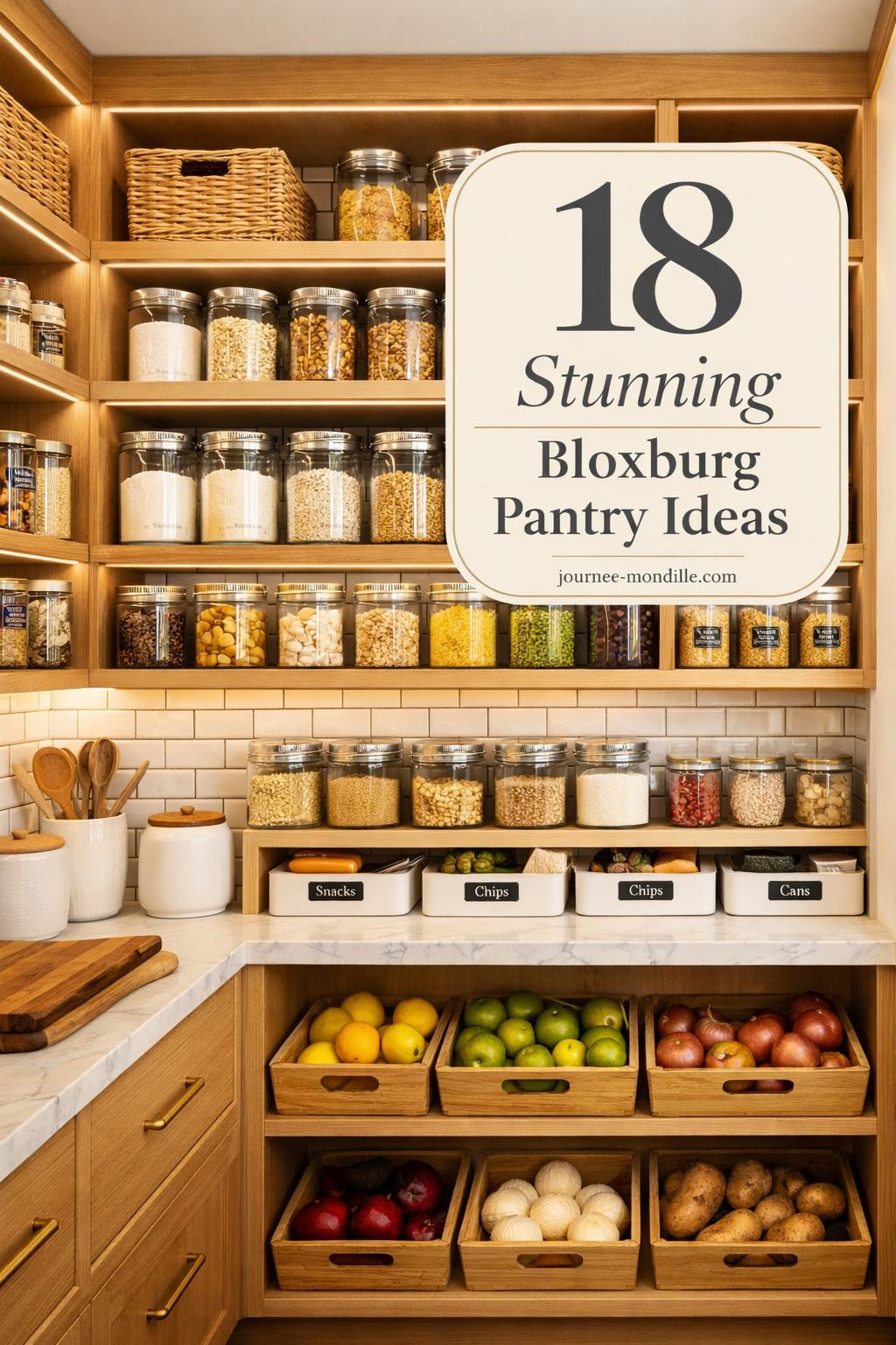 Organized pantry with white oak shelving, glass containers, brass hardware, LED lighting, subway tile backsplash, marble countertop, and wooden crates filled with fresh produce