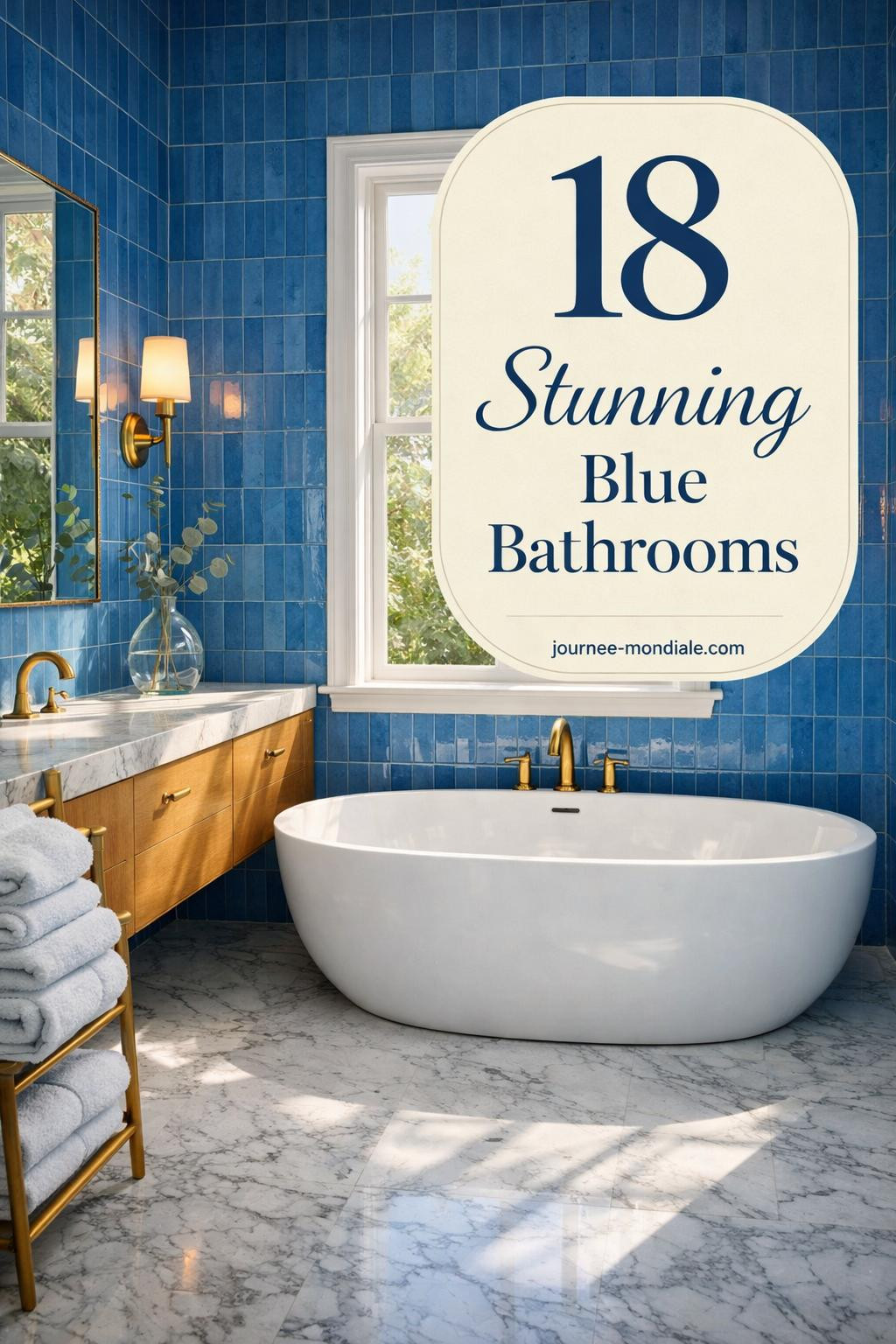 Spa-like bathroom featuring floor-to-ceiling glazed azure blue ceramic tiles, freestanding white soaking tub, Carrara marble floors, white oak vanity with brass fixtures, and natural morning light