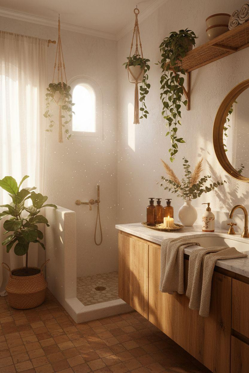 boho bathroom with whitewashed walls and marble countertop