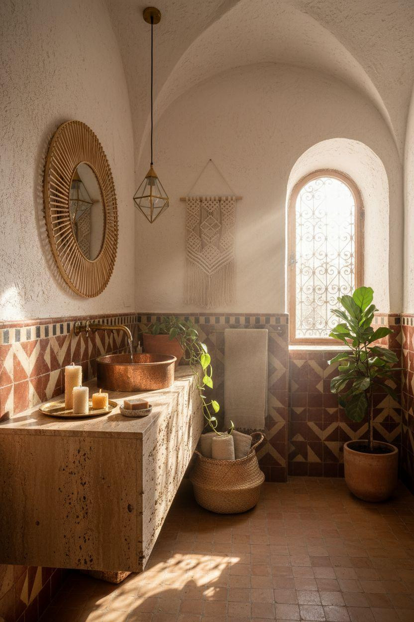 boho bathroom with geometric tiles and modern details