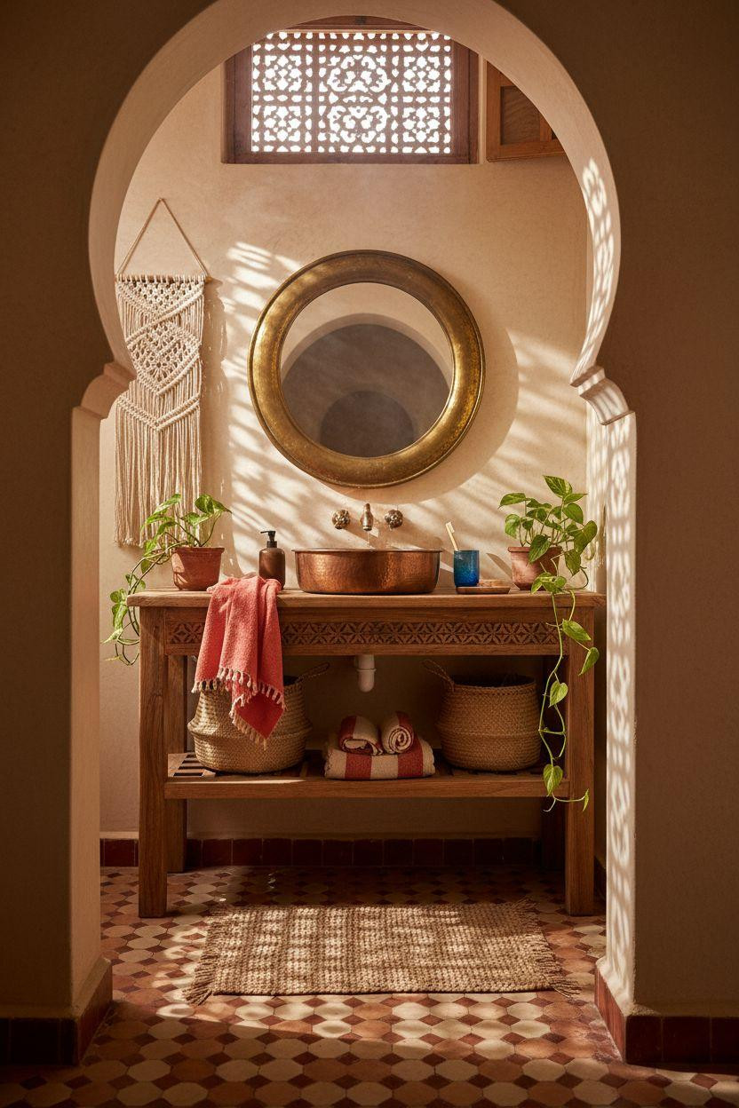 boho bathroom with moroccan tiles and copper sink