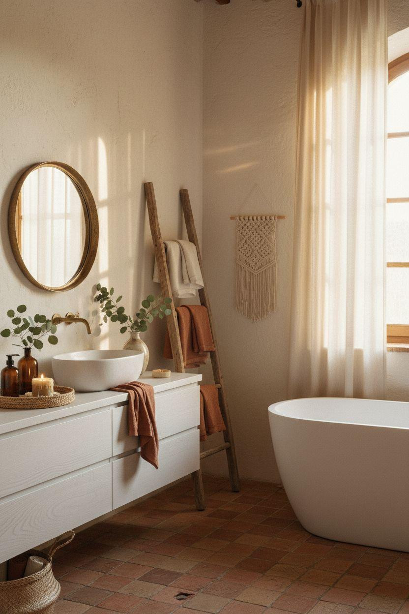boho bathroom with vintage ladder and farmhouse charm