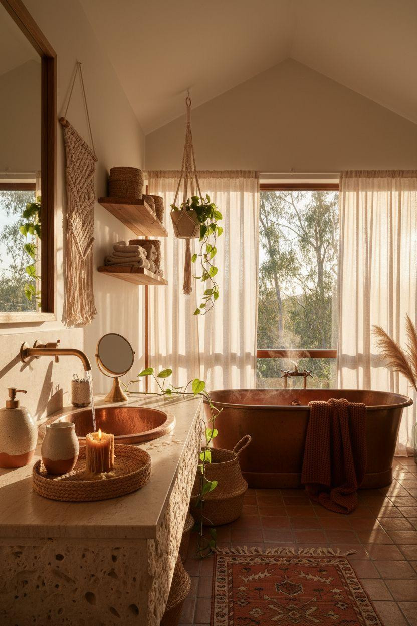 boho bathroom with copper tub and coastal textures