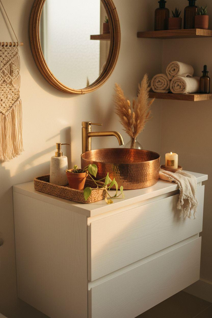 boho bathroom vanity with copper sink and brass faucet