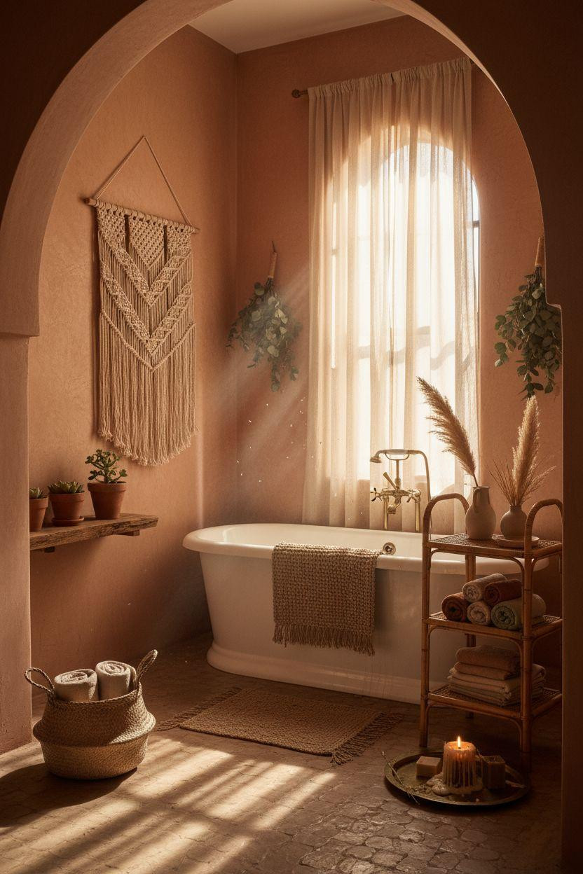 boho bathroom with white tub and layered natural textures