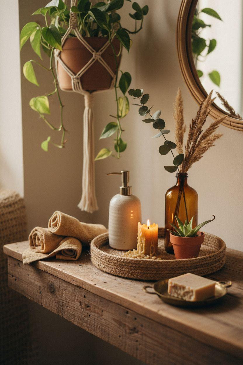 boho bathroom vanity styling with handmade details