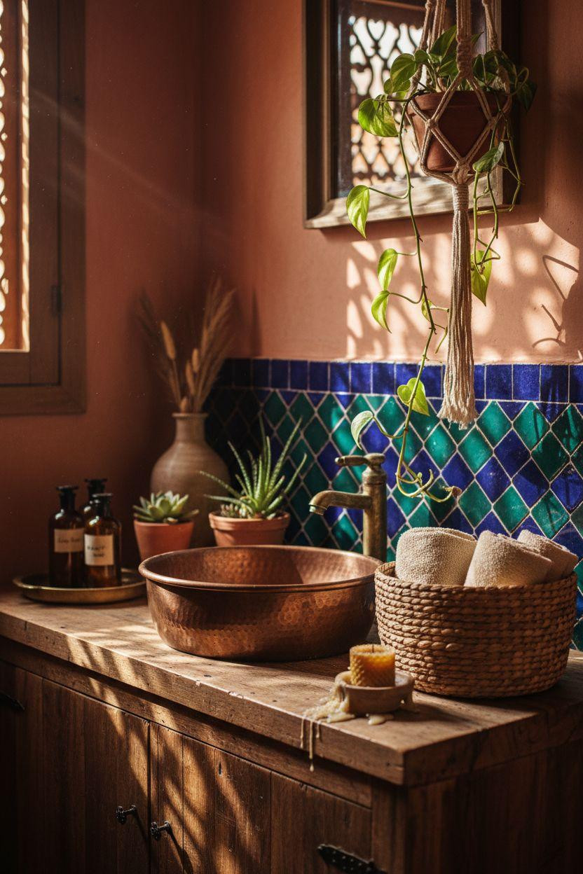 boho bathroom vanity with copper sink and moroccan tiles