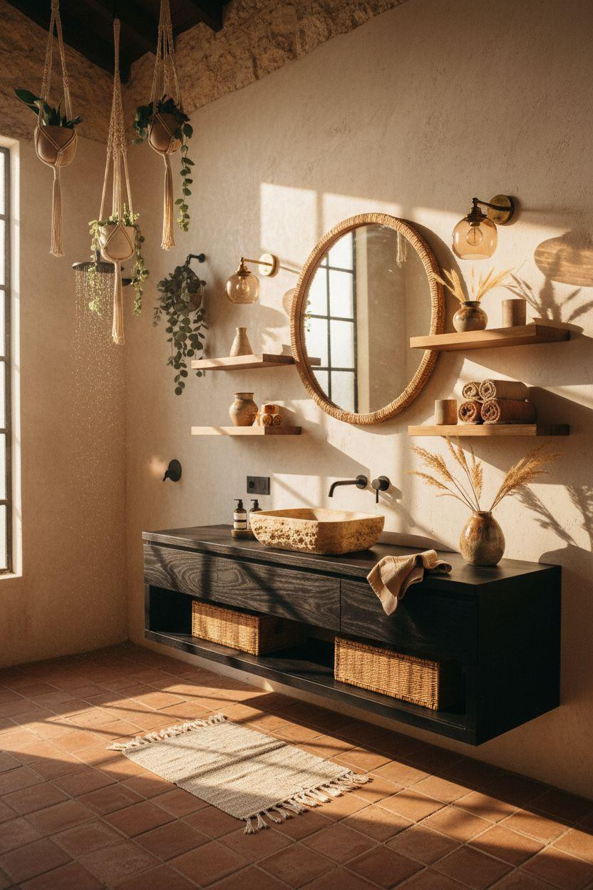 boho bathroom with black walnut vanity and travertine sink