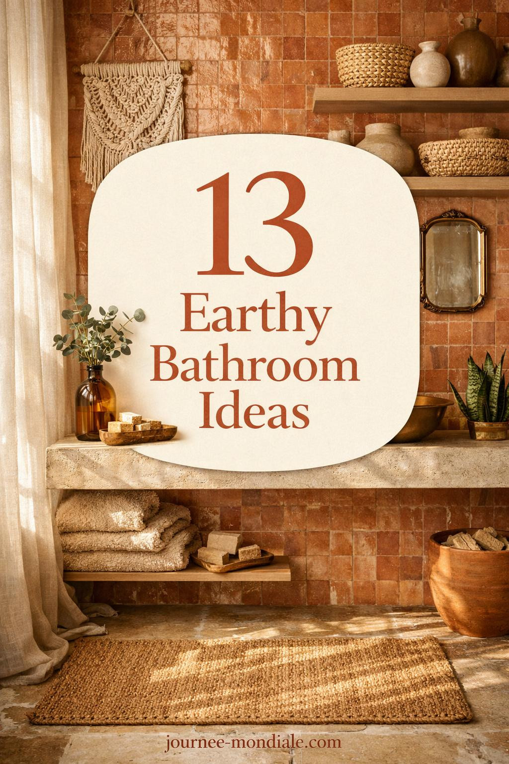 Serene bohemian bathroom featuring warm terracotta zellige tiles, floating limestone vanity with brass vessel sink, woven baskets on white oak shelves, macrame wall art, and natural jute accents