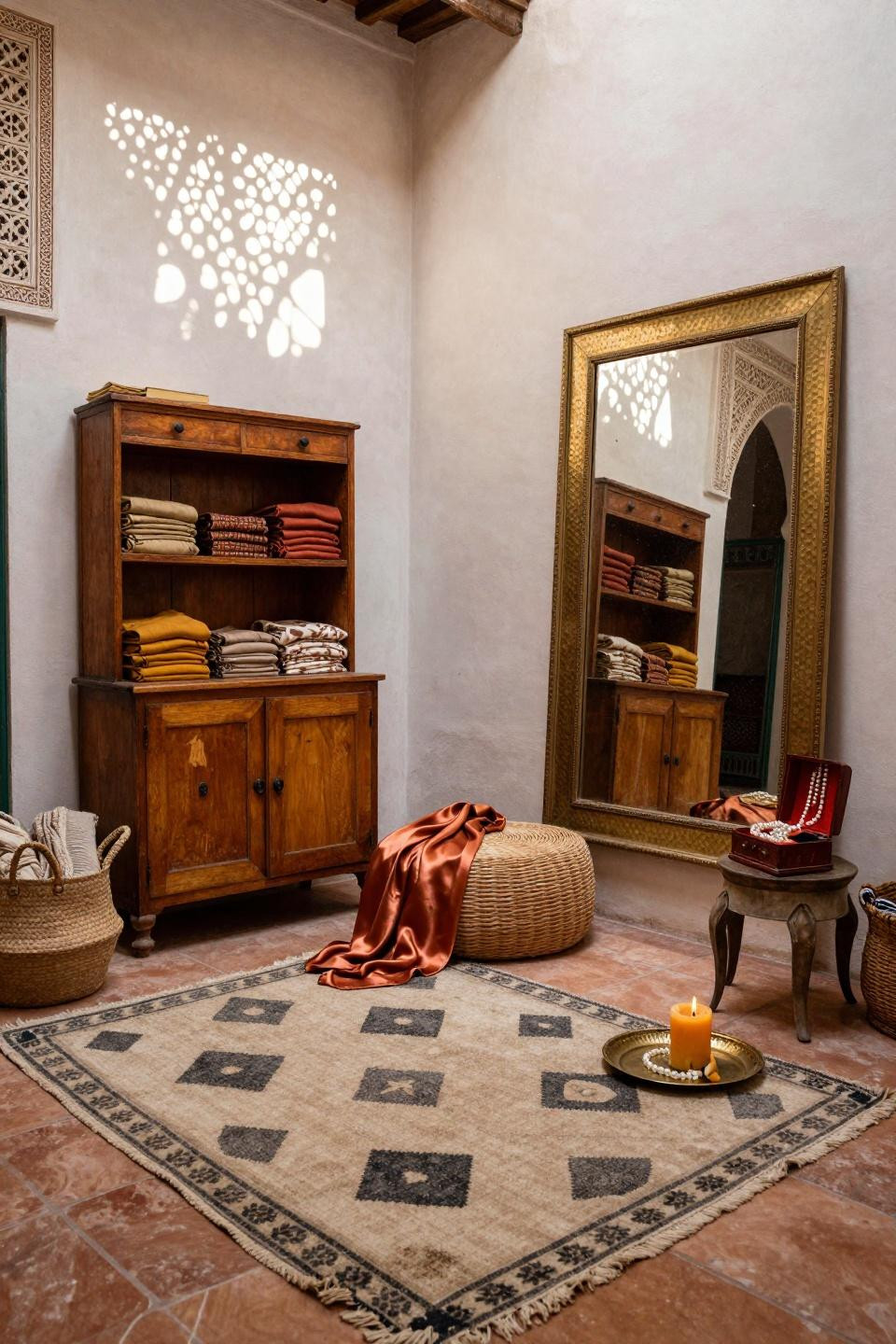 vintage dressing rooms with Moroccan brass mirror and rattan storage