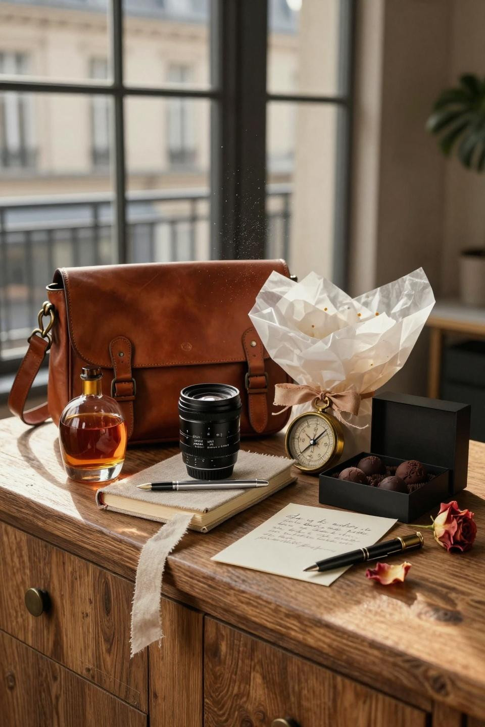 Valentines Day Decorations - masculine gift arrangement with leather bag