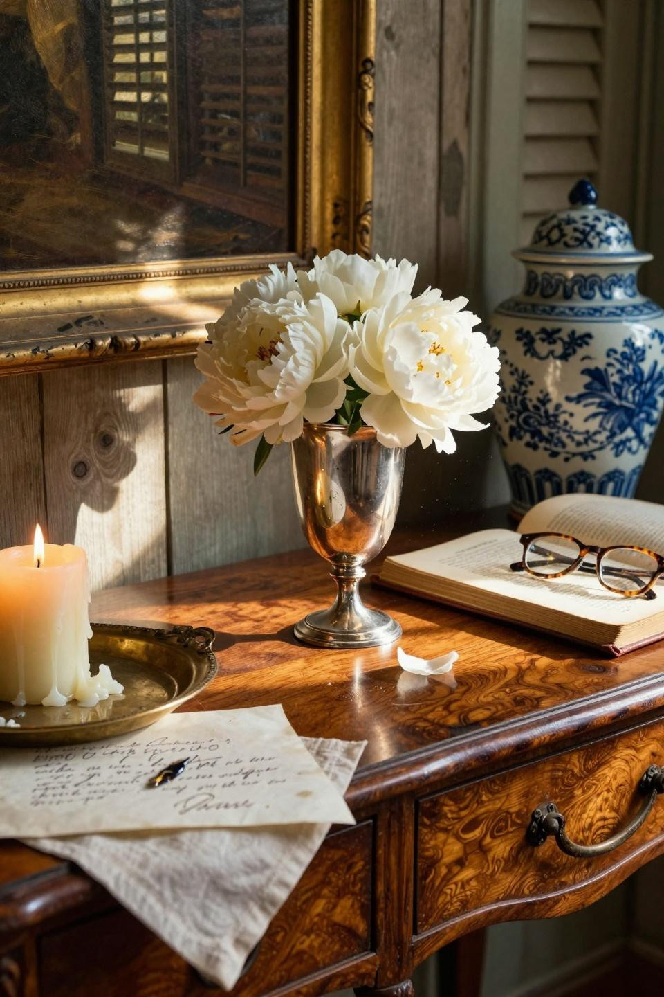 Classic southern home decor - floral arrangement on wooden table