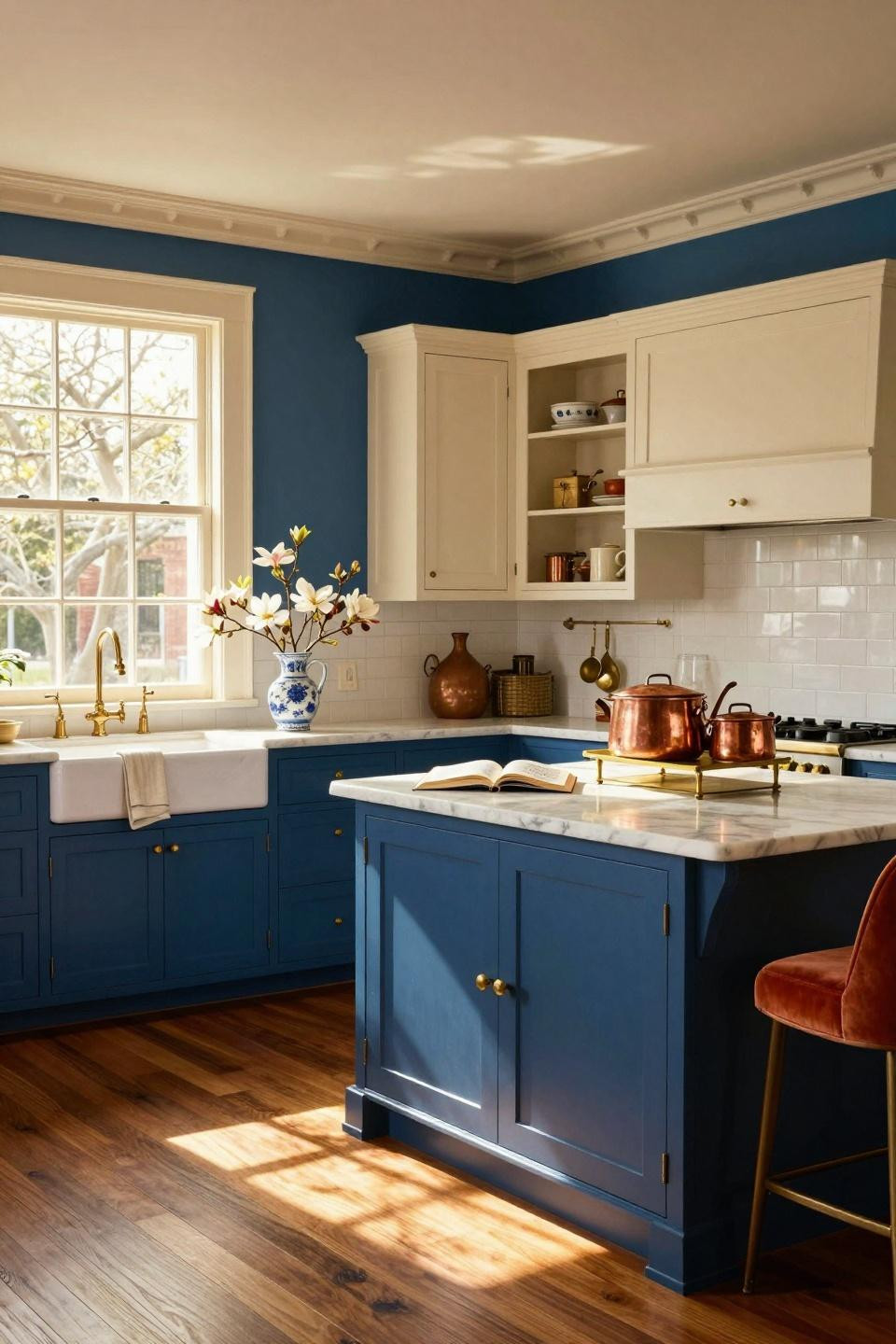 Classic southern home decor - blue kitchen with marble countertops