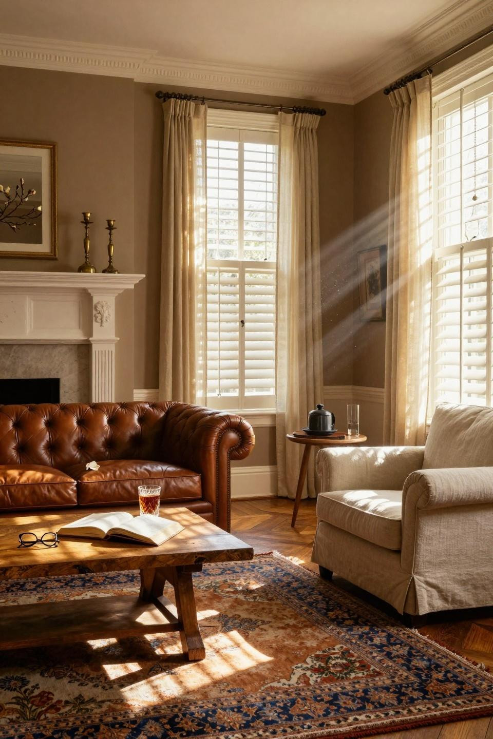 Classic southern home decor - leather Chesterfield sofa setup