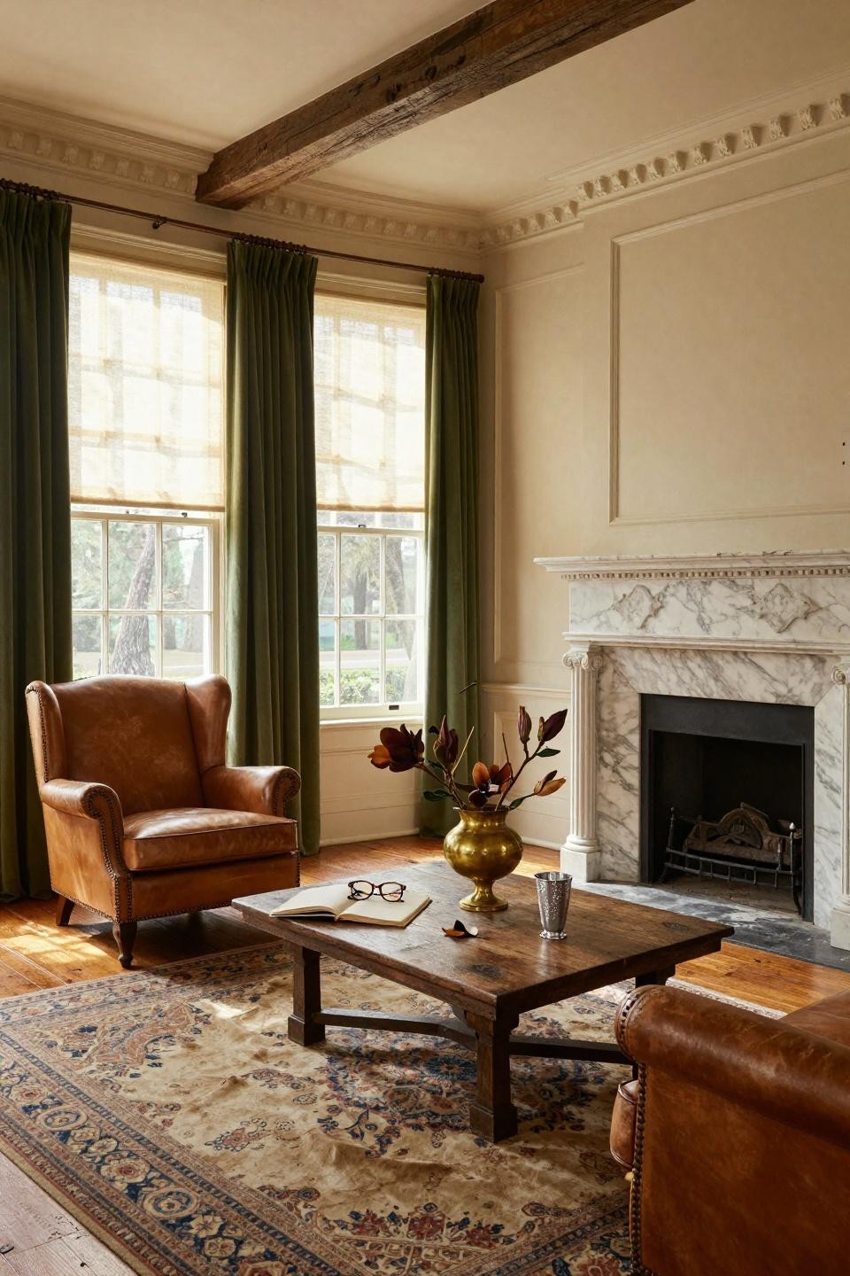 Classic southern home decor - formal living room with marble fireplace