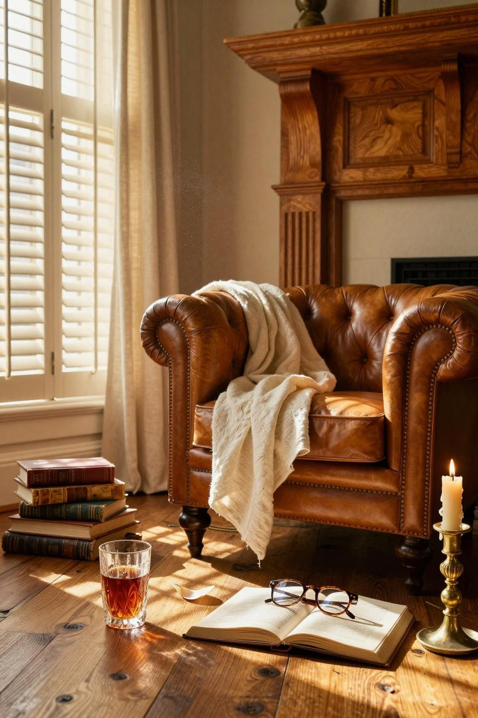 Classic southern home decor - fireplace with leather chair