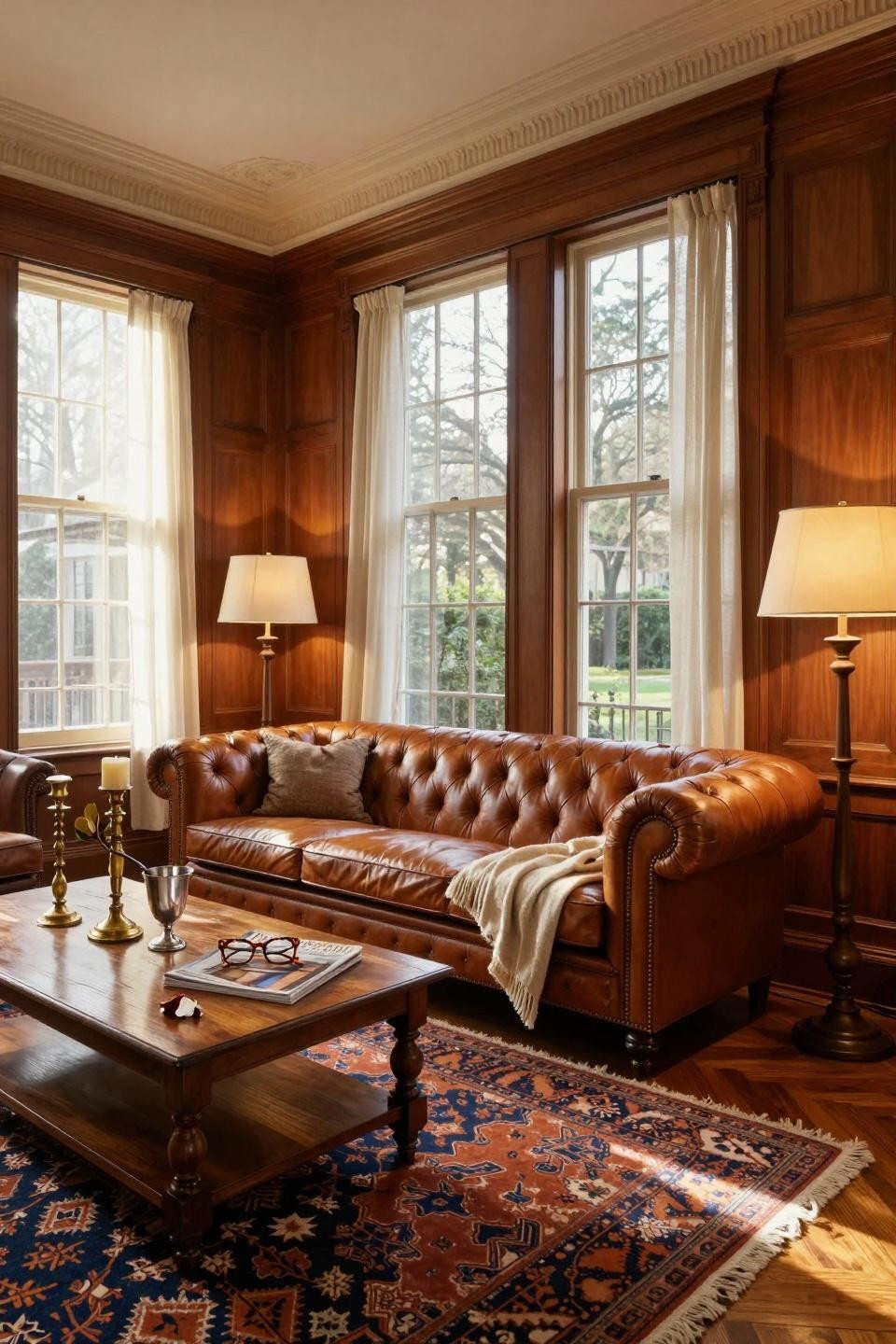 Classic southern home decor - wood-paneled living room
