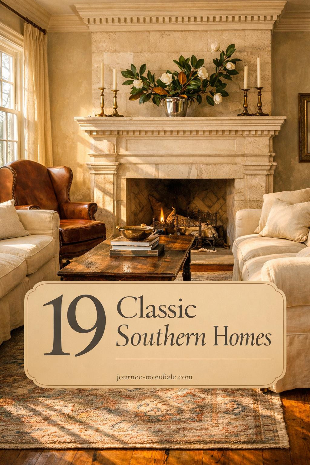 Bright southern living room featuring white shiplap walls, traditional furniture, blue accent pillows, vintage wood coffee table, and natural light flooding through tall windows