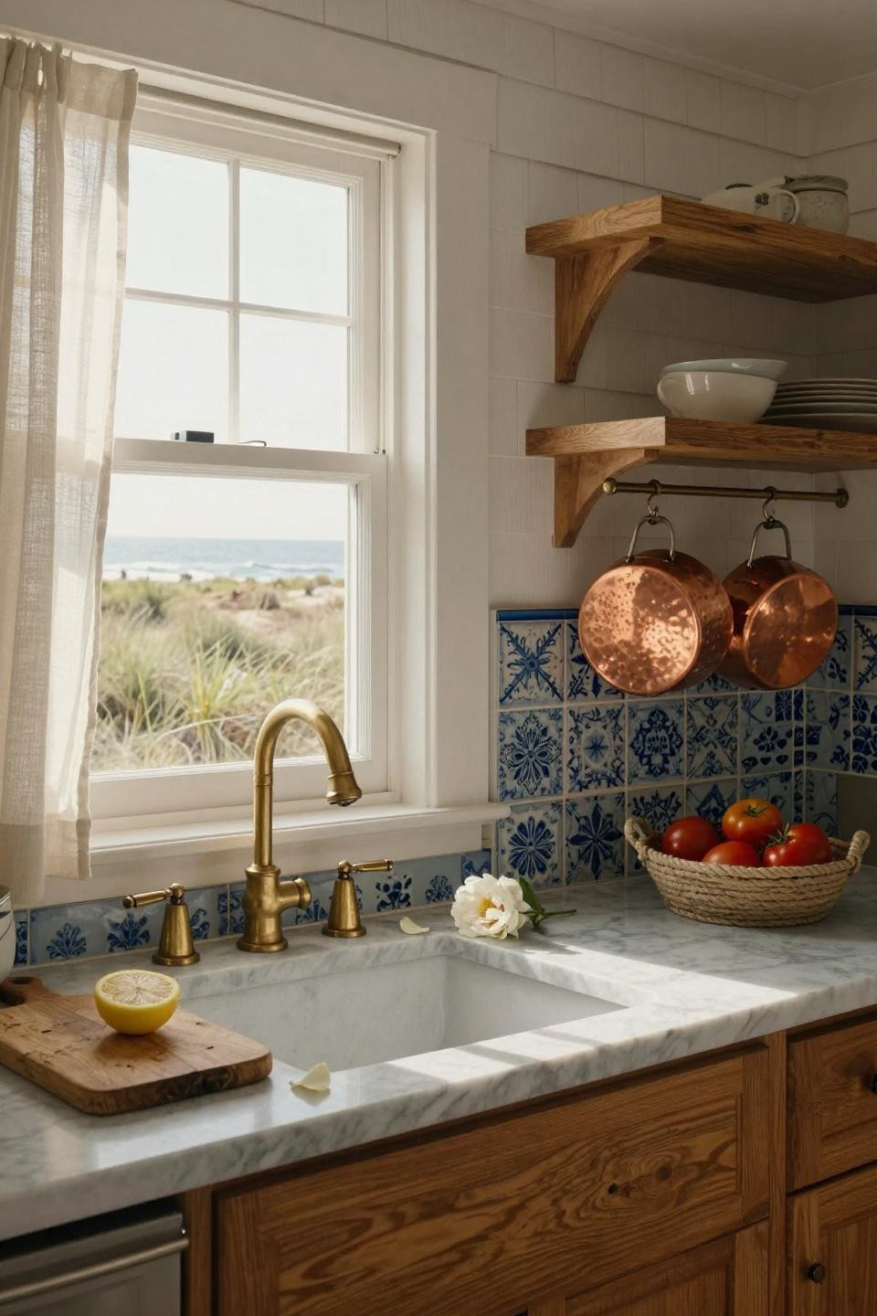 Coastal Kitchen with navy tile and brass pot rack