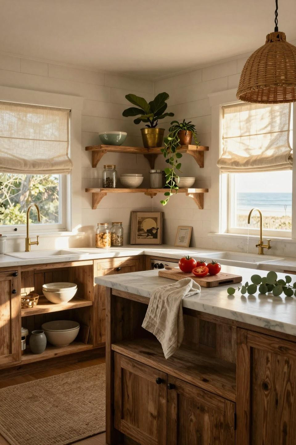Coastal Kitchen with whitewashed shiplap and driftwood shelves