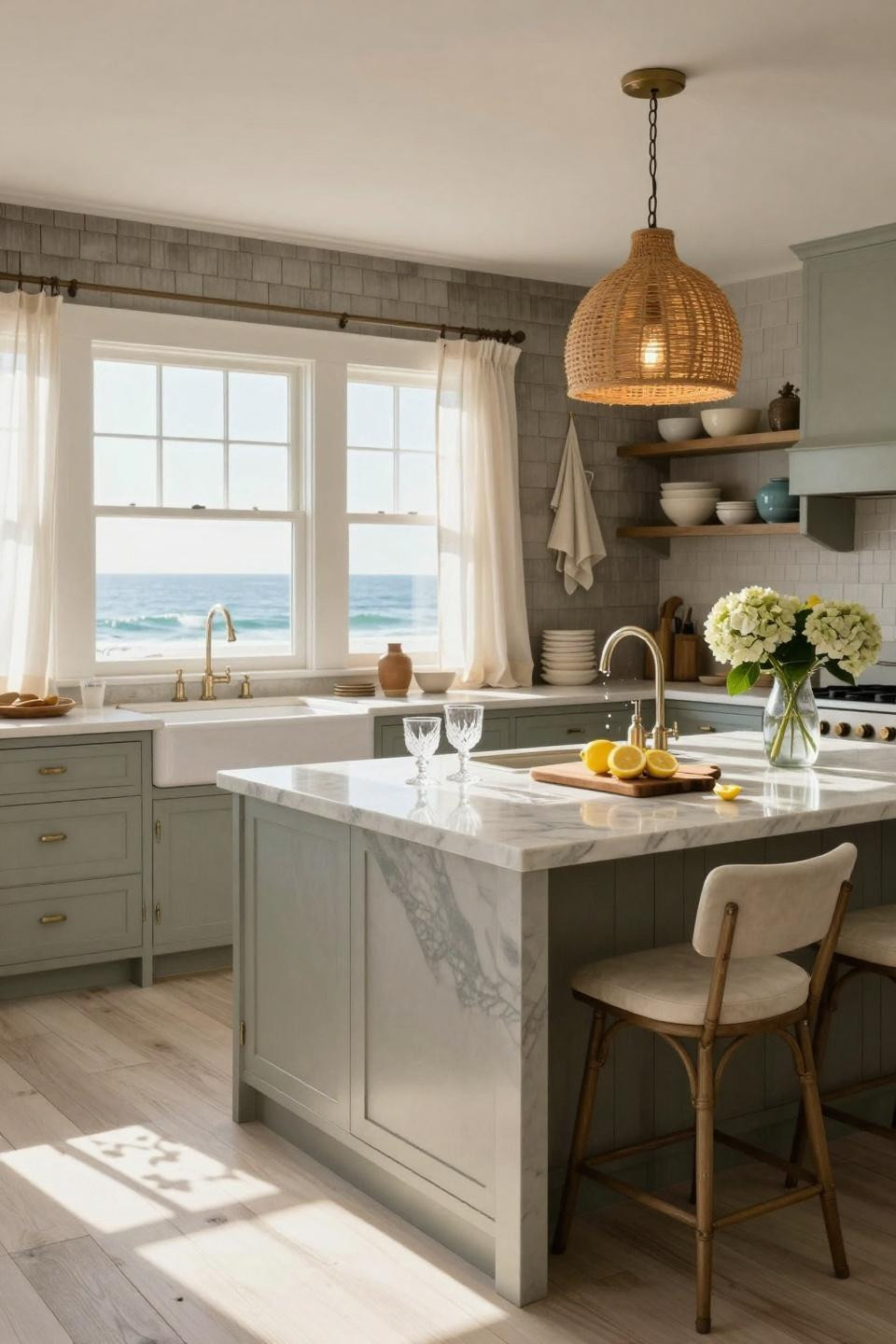 Coastal Kitchen with sage cabinets and marble island