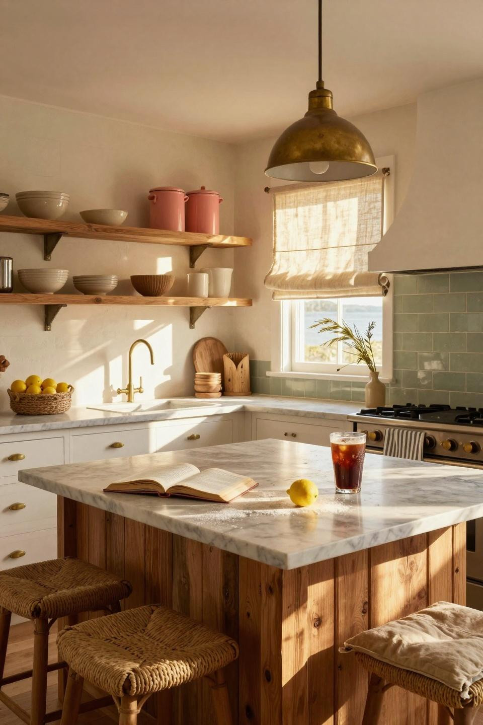 Coastal Kitchen with driftwood island and brass fixtures