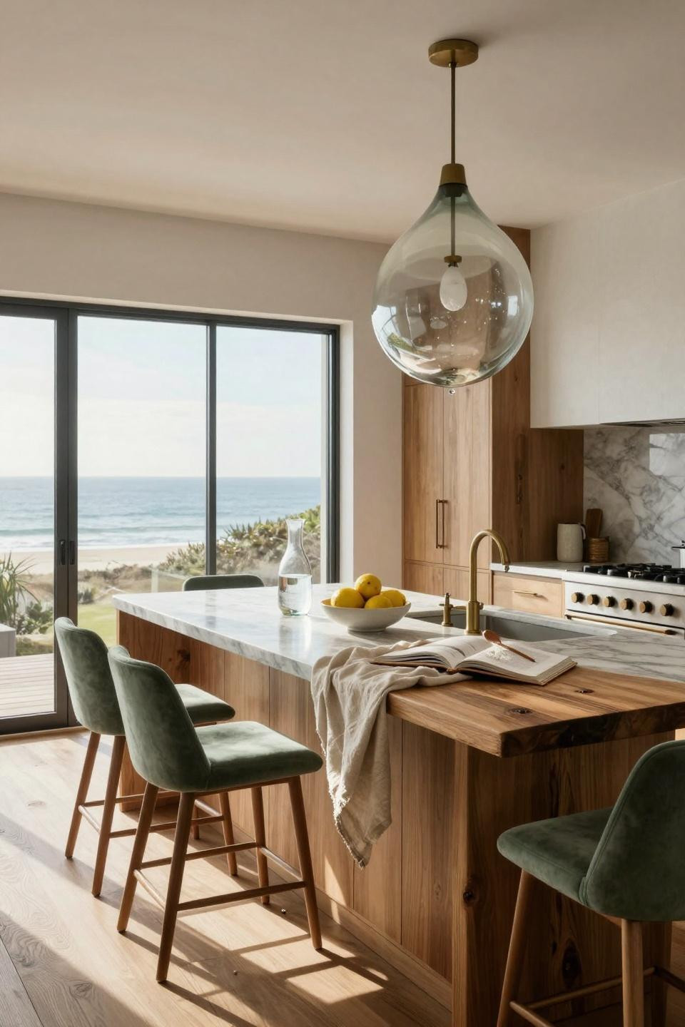 Coastal Kitchen with weathered sage cabinets and marble island